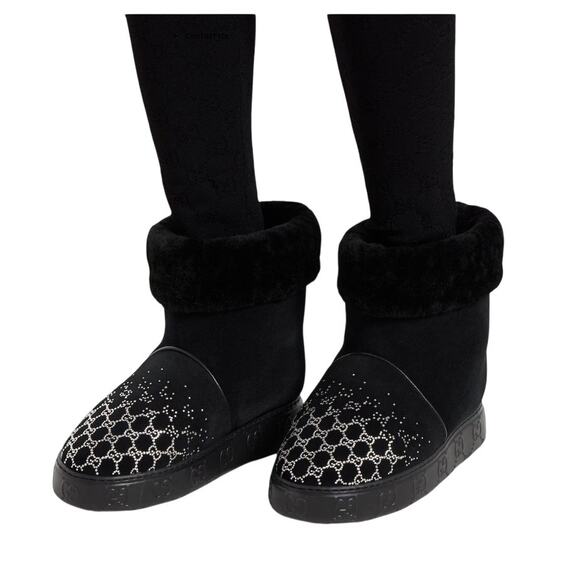 Gucci GG Crystal Motif Black Suede Boot with Merino Wool Lining Womens 39 / US 9